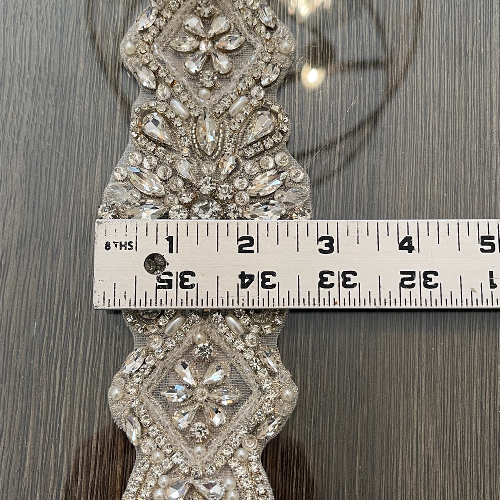 Bridal Dress Belt Silver Rhinestone Crystal with Faux Pearls & Grey Ribbon - Picture 7 of 17